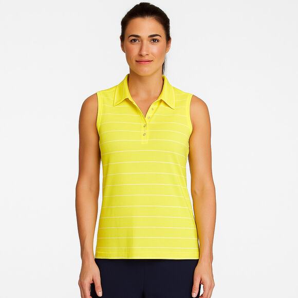 NIKE GOLF Dri-Fit Yellow & White Stripe Sleeveless Polo Shirt Women's XL New - Picture 1 of 8
